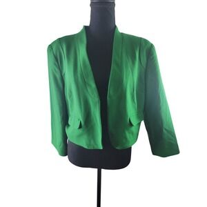 Worthington Womens Green Cropped Open Front Blazer Jacket Size L Stand Collar